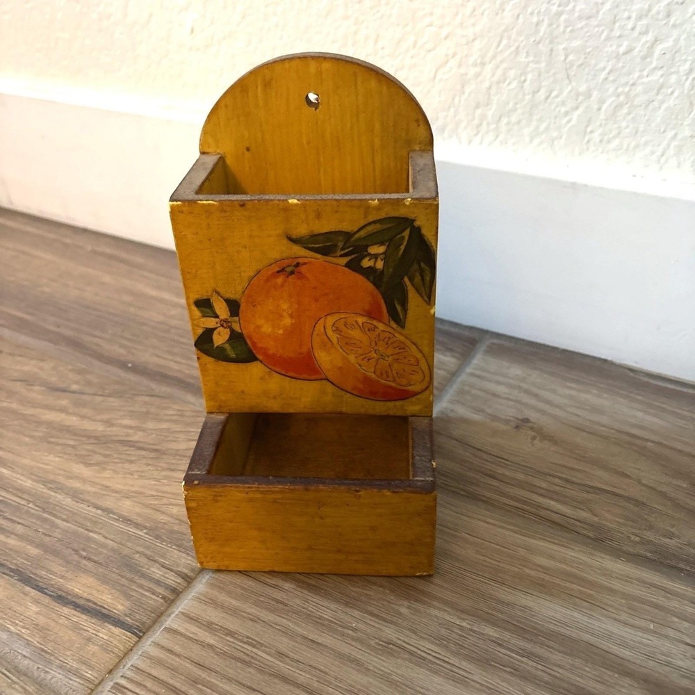 Vintage Match Safe‎ Oranges Yellow Wooden 7"